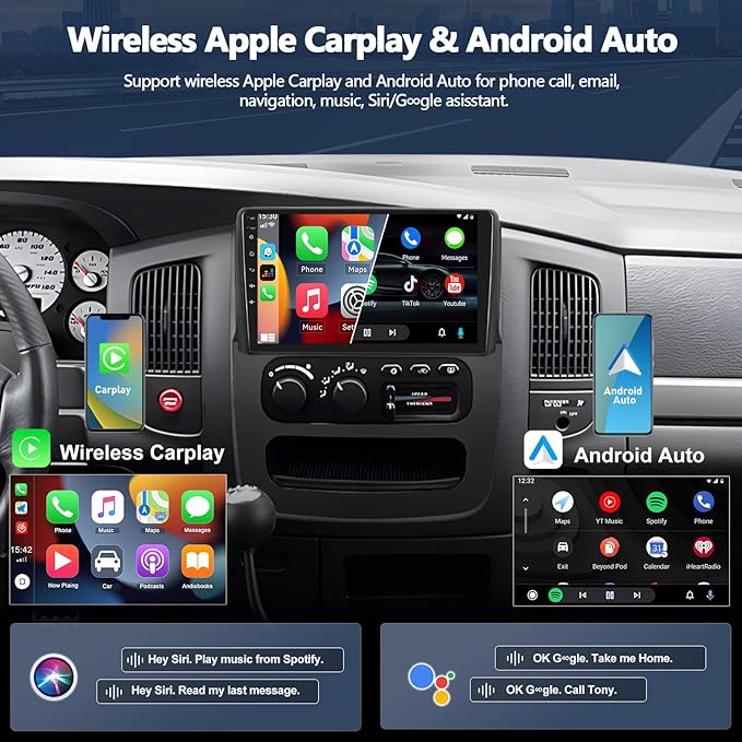 4G+64G Car Stereo Radio for 2002 2003 2004 2005 Dodge RAM 1500 2500 3500 with Wireless CarPlay Android Auto Android 15 Head Unit 9" Touch Screen Radio with 16EQ GPS FM Bluetooth 5.0 HD Backup Camera