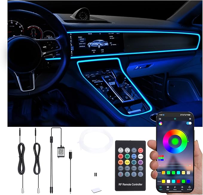 USB Car Ambient Lighting Optic Fiber 64 Colors Music Sound Active with APP Control Car Decorative Atmosphere Lighting Kit DC 12V 1W 3m