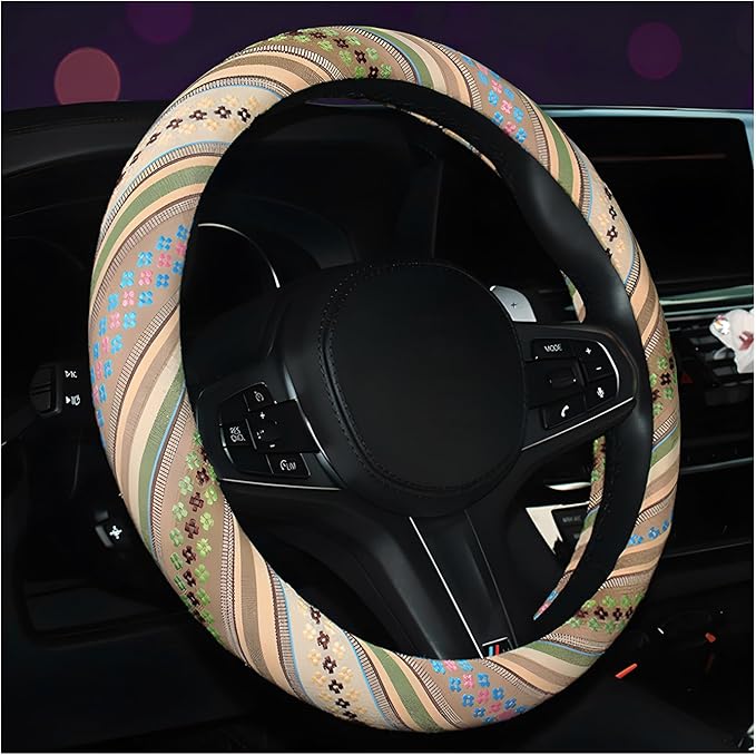 Boho Steering Wheel Cover, 15 Inch Coarse Flax Cloth Ethnic Style Anti-Slip Car Wheel Wrap, Universal Breathable Bohemian Steering Wheel Protector for Cars Vans Trucks (G)