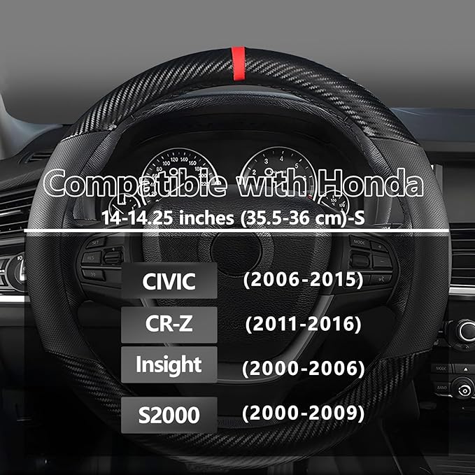 KAFEEK Customized Auto Car Steering Wheel Cover for Honda Civic, CR-Z, Insight, S2000, Small Size 14" - 14.25" Outer Diameter, Carbon Fiber, Black