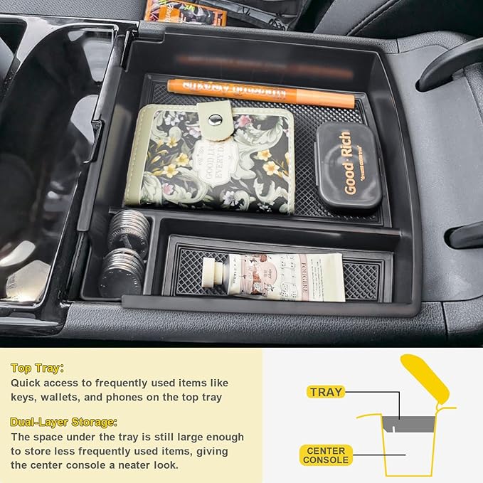 Center Console Organizer Compatible with 2025 2026 Hyundai Tucson Hybrid/Plug-in Hybrid/Limited Accessories (Steering Wheel Shifter ONLY), Armrest Storage Box Middle Console Insert Tray