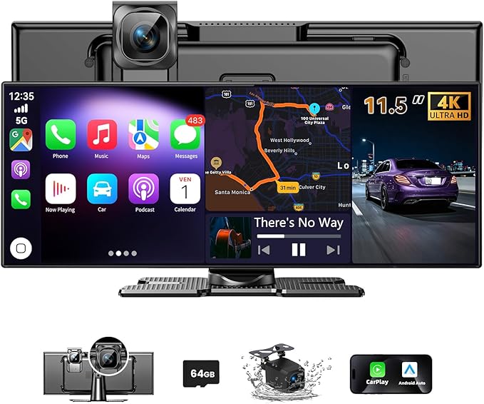 11.5" Largest Wireless Carplay HD Screen for Carplay & Android Auto Car Stereo with 4K Dash Cam 1080P Backup Camera, GPS Navigation/Bluetooth/Mirror Link/Voice Control/AUX/FM/Siri