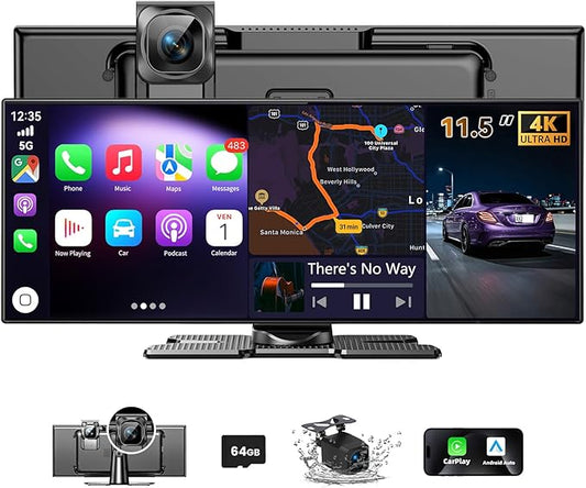 11.5" Largest Wireless Carplay HD Screen for Carplay & Android Auto Car Stereo with 4K Dash Cam 1080P Backup Camera, GPS Navigation/Bluetooth/Mirror Link/Voice Control/AUX/FM/Siri
