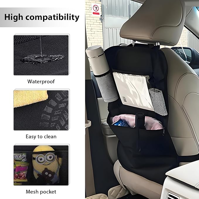 2PCS Car Backseat Organizer, Multi-Pocket Back Seat Protector with 10.2" Tablet Holder, Waterproof Oxford Fabric Storage Bag Auto Kick Mat for Kids Toddlers (C with Large Pocket)