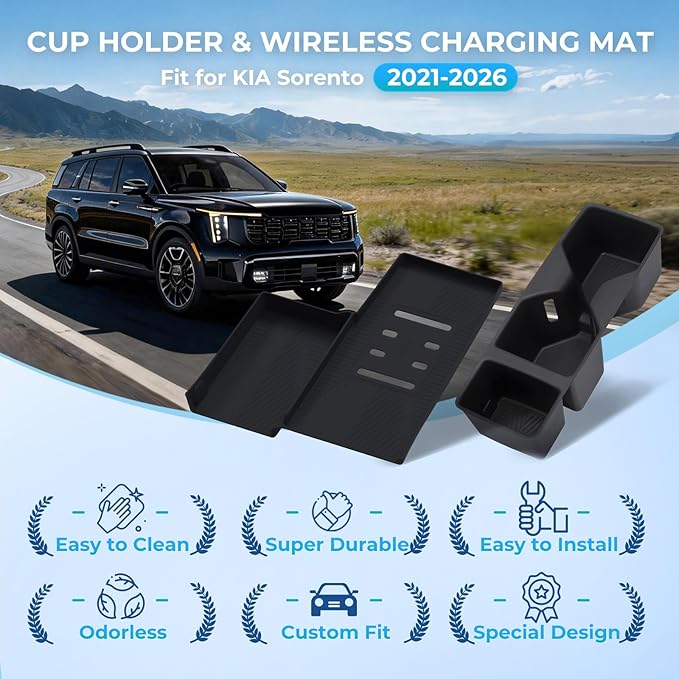 VONAX Cup Holder Insert & Wireless Charging Pad Protector Compatible with KIA Sorento 2026 2025 2024 2023 2022 2021, Center Console Cup Holder & Wireless Charging Mat for Sorento Accessories, Black