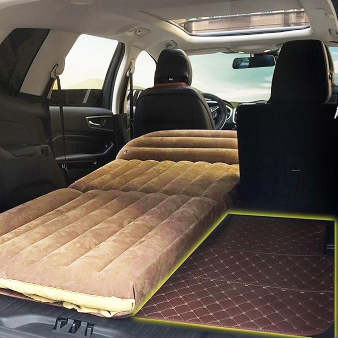 Goplus Car Bed, Air Mattress Back Seat with Pillow, Flocking Surface, Electric Air Pump, Repair Kit, Inflatable SUV Truck Bed Mattress for Traveling, Camping, Sleeping, Yellow