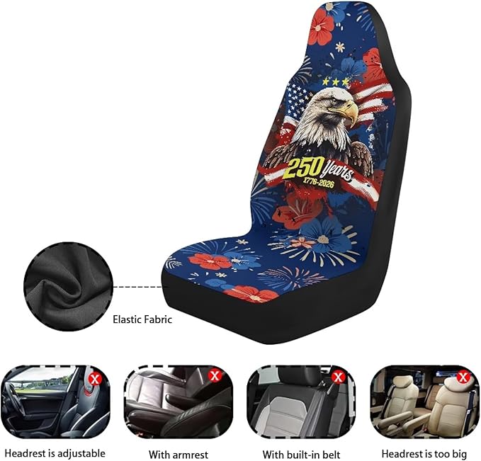 ELEQIN America 250th Anniversary Car Seat Covers Universal High Back Fashion Cushion Protector for Car Truck Suvs,Sedans,Vehicles,Airbag Compatible Front Car Seat Covers 2 Pack