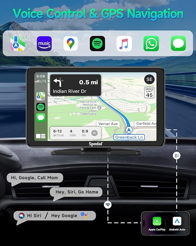 Spedal Car Play with Backup Camera, Portable CarPlay and Android Auto 7" CarPlay Screen for Car, Mirror Link/Bluetooth/Navigation/Voice Control