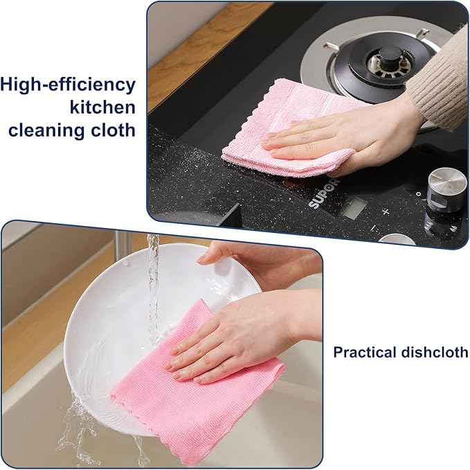 Ferdilan 80 Pack Microfiber Cleaning Cloth Roll,Lint Free Rags Paper Towels & Tear Away Reusable Towels,Washable Shop Rags,Wash Cloths Dish Rags(12" x 12") for Car Kitchen Window Garage-Pink