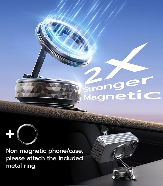 Meifigno Magnetic Car Phone Holder for Tesla Screen & Backplate,[All-Metal] 360° Rotation Vacuum Suction Cup Car Phone Mount for Magsafe, Foldable Car Phone Holders for Your Car for iPhone Android