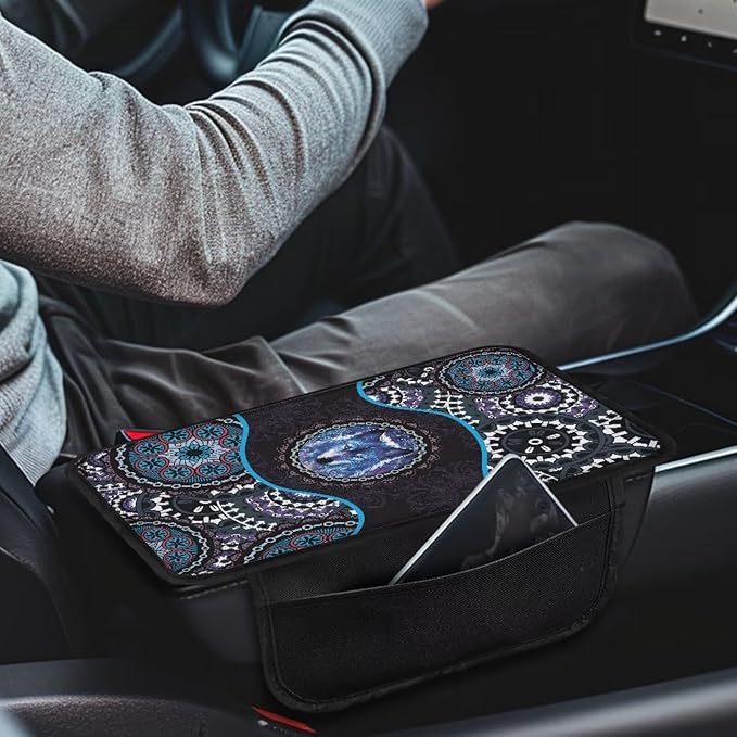 Wolf Boho Mandala Pattern Car Center Console Cover with Side Pockets Elastic Automobile Armrest Pad Comfortable Armrest Seat Box Cover Protector Car Decor Accessories