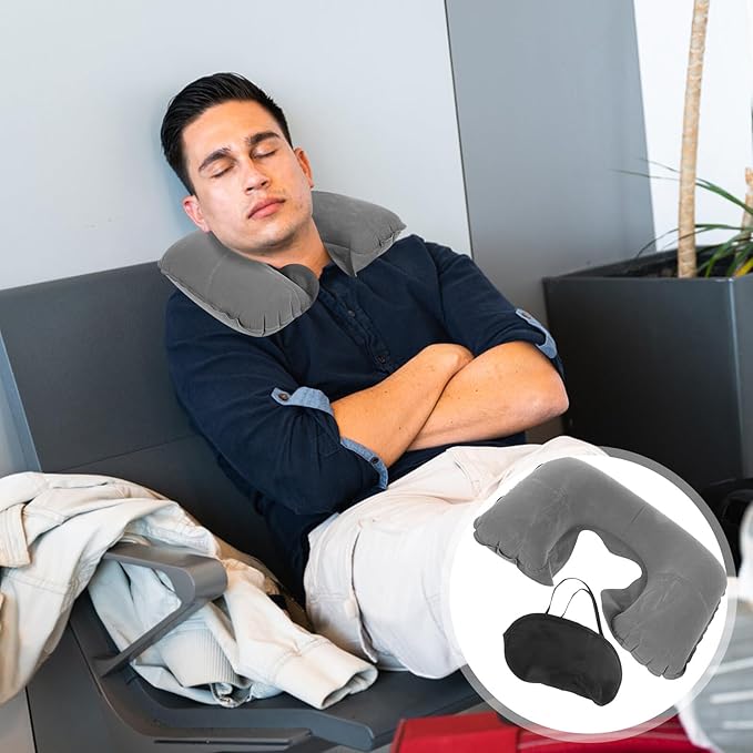 SUPVOX Inflatable Travel Neck Pillow U-Shaped with Blackout Eye Mask and Set, Lightweight Airplane Pillow for Flight Comfort and Sleep, Portable Gray Travel Accessory Kit