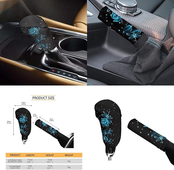 Blue Rose Print 6pcs Car Steering Wheel Cover Set for Men Women Dragonfly Cup Coaster Handbrake Gear Cover Armrest Cover Fits Most Cars Trucks Vans SUV