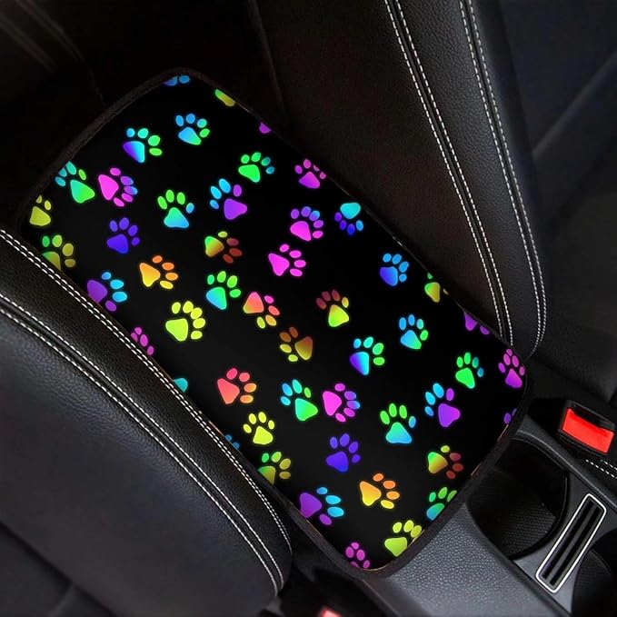 Dreaweet Colorful Dog Paw Print Center Console Cover Cute Armrest Cover for Car Soft Comfortable Arm Rest Cover Pad for Truck SUV Car Center Console Cover Replacement