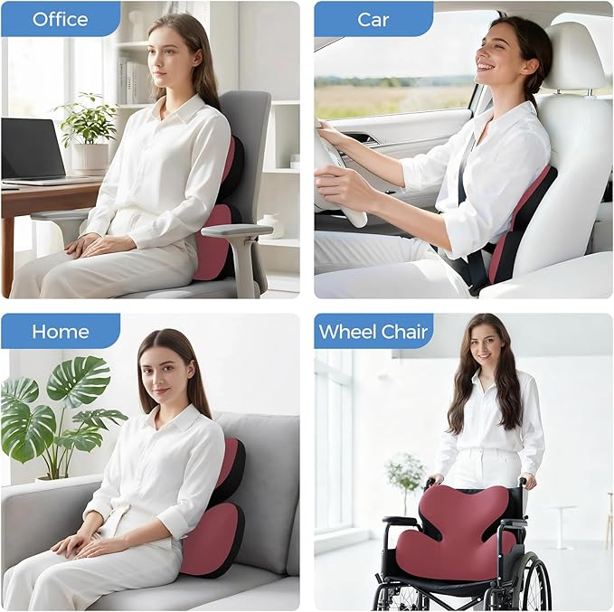 BEBAS Lumbar Support Pillow for Car, Ergonomic Memory Foam Back Cushion for Driving, Lower Back Support for Pain Relief, Lumbar Cushion for Car Seats, Office Chairs, Wheelchairs - Red