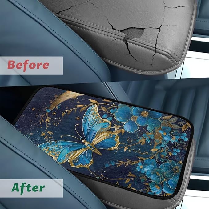 Flower Butterfly Car Armrest Seat Box Cover Accessories Full Coverage Car Center Console Cushion Pad Easy to Install Central Armrest Decoration Fit for Cars SUV Van Truck