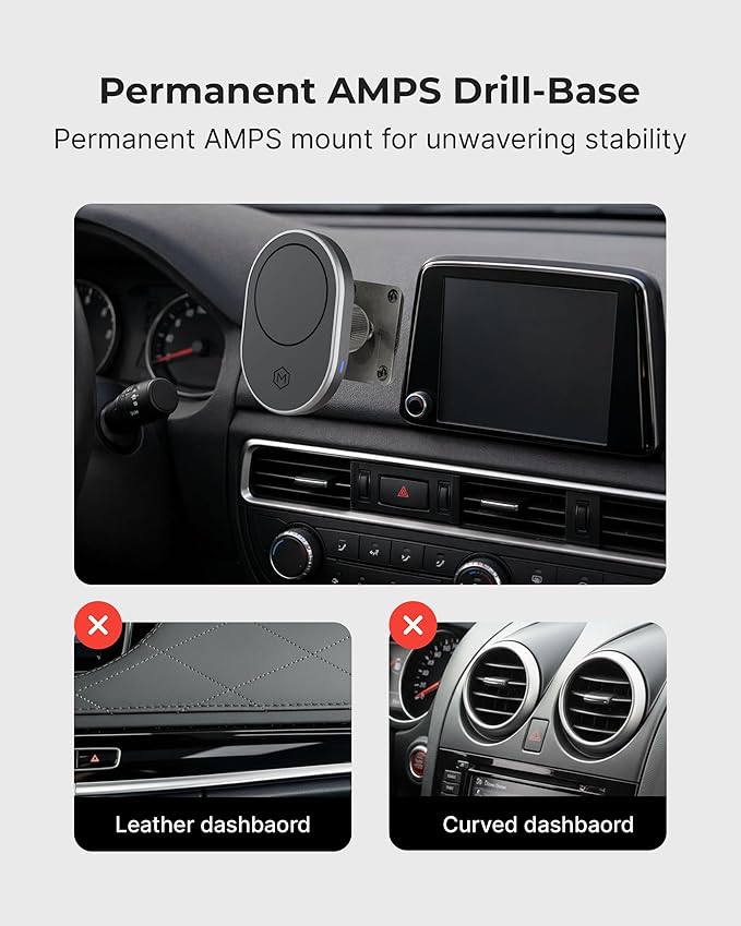 Car Cell Phone Holder with AMPS Mounting Plate - Wireless Magnetic Car Mount Charger - Stand Compatible with iPhone 14/15/16/17/Samsung, Fast Charging (Drill Base AMPS Plate)