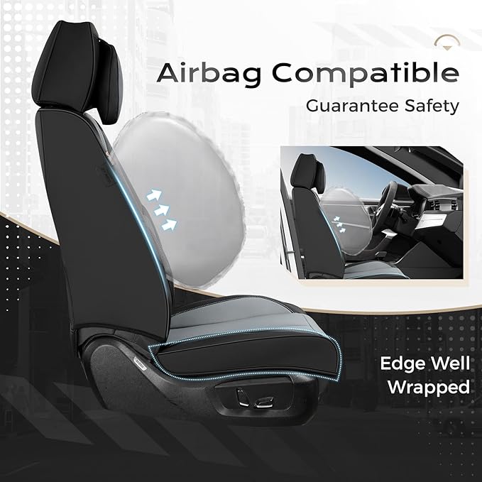 Coverado Seat Covers Full Set, 5 Seats Seat Covers for Cars, Waterproof Nappa Leather Car Seat Covers with Head Pillow, Seat Protectors Car Seat Cushion Universal Fit for Most Cars (Black&Gray)