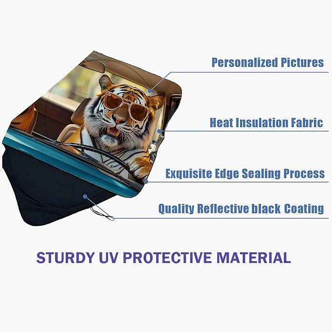 Tiger Car Windshield Sun Shade Foldable Sunshade Front Window Cover Sun Visor Protector Accessories (59x27.5 inches)