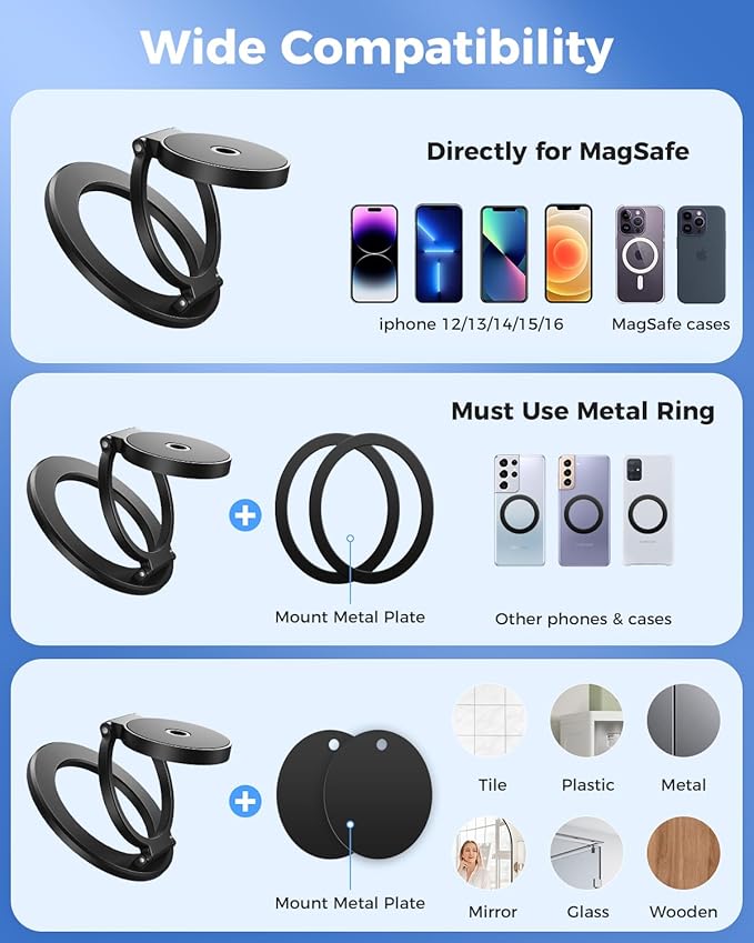 SUPERONE Dual Magnetic Phone Ring Holder, 1/4" Screw Tripod Mount Adapter, Magsafe Holder with Screw Hole Attach iPhone to Iron Object, MagSafe Phone Stand for iPhone 16 15 14 13 12 MagSafe Case