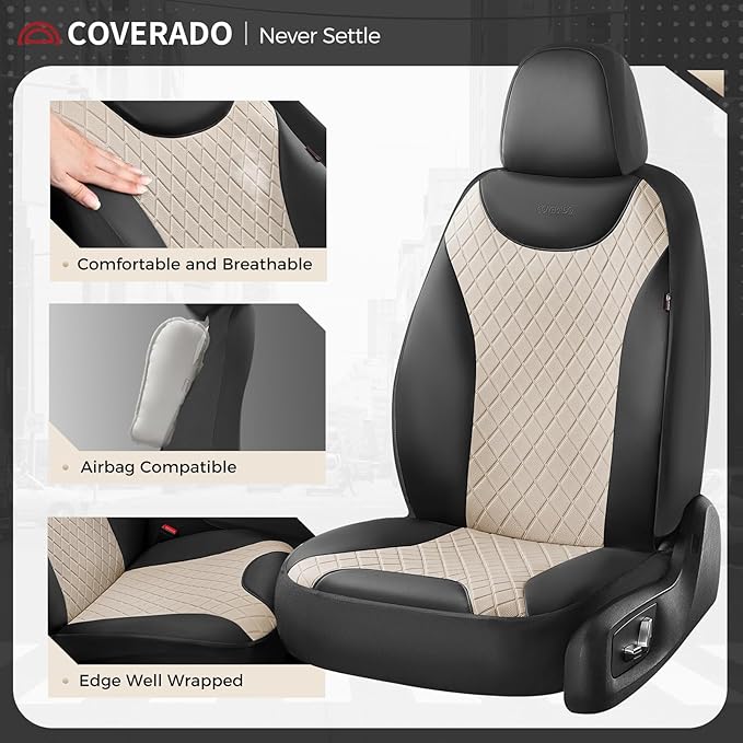 Coverado Front and Back Seat Covers, 5-Pack Universal Seat Covers for Cars, Leather & Fabric Splicing Design Car Seat Protectors, Waterproof Auto Seat Cushions Universal for Vehicles, Black & Beige