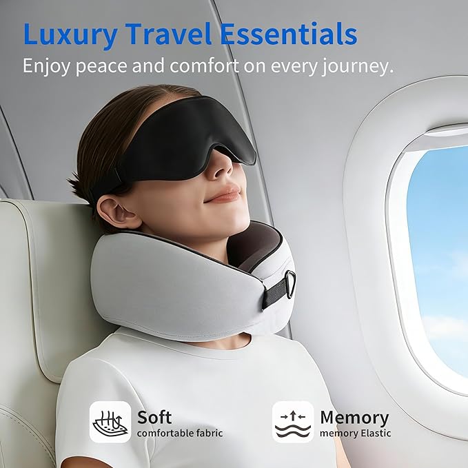 Travel Pillow, Memory Foam Neck Pillow for Airplane Sleeping, 360° Ergonomic Support Travel Pillow for Flights, Portable Set with 3D Eye Mask & Earplugs, Comfort for Plane Car Train