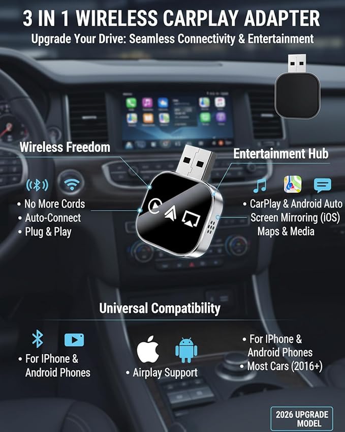 3 in 1 Wireless Carplay Adapter, Car Screen Mirroring Converter, 2026 Upgrade Mirror iOS Phone for iPhone/Airplay/Apple/Android, Bluetooth Auto Link, Wired to Wireless, Plug & Play (for iPhone)