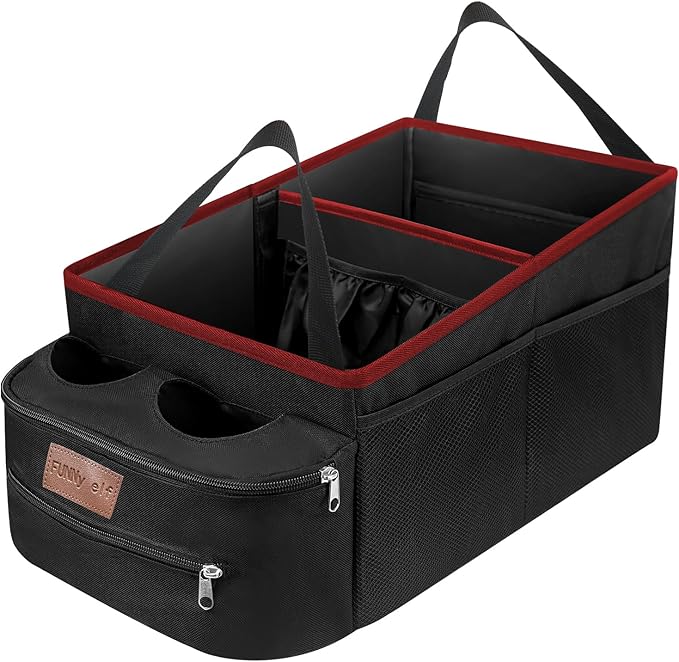 FUNNy elf Car Seat Organizer - Passenger Seat Organizer, Collapsible Car Storage with Partitions & 4 Cup Holders for Front Seat or Back Seat (Red)