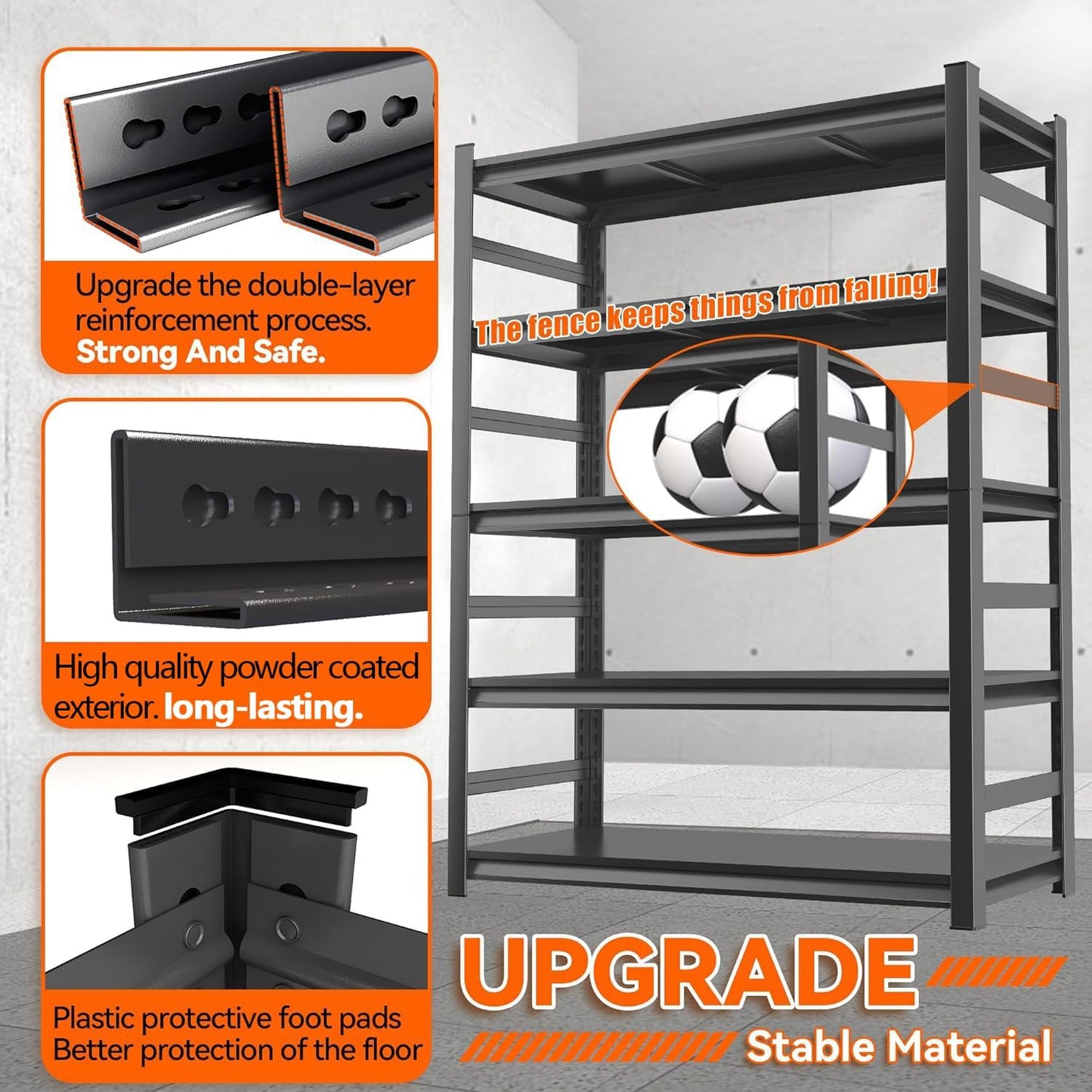 Garage Shelving, Storage Shelves Heavy Duty, 5-Tier Adjustable Black Shelving, 3000Lbs Utility Shelf for Garage/Basement/Kitchen, 72”H×48”W×24”D