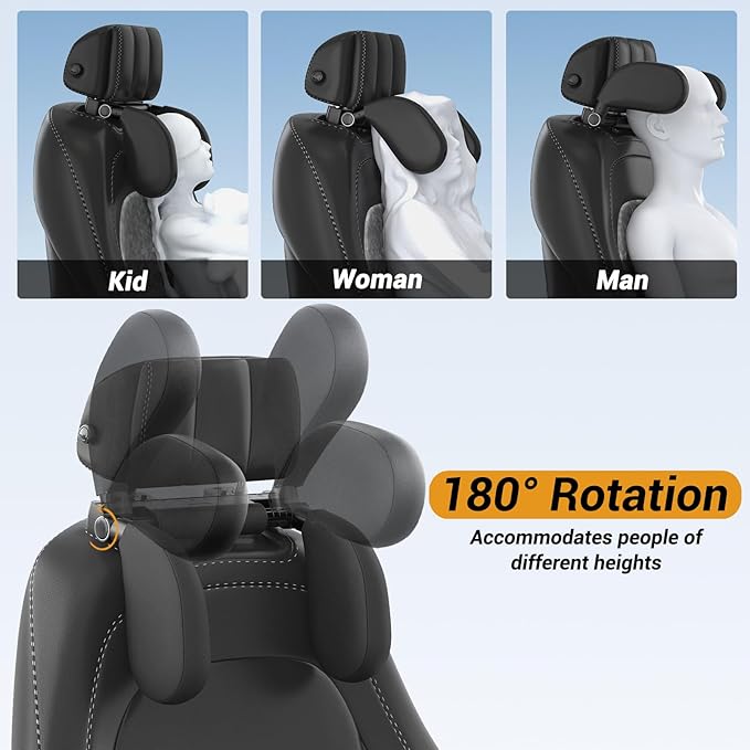Car Headrest Pillow, Thickened Memory Foam Road Pal Headrest, Neck Support Pillow, 180° Adjustable Car Headrest, U- Shaped Design, Travel Car Sleeping,Suitable for Kids and Adults (Black)