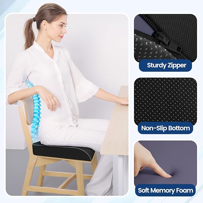Seat Cushion for Tailbone Pain Relief, Office Chair Cushion, Memory Foam Large Chair Cushion with Non-Slip Cover for Soft Support at Office Chair, Car Seat, Airplane Black/2X-Large