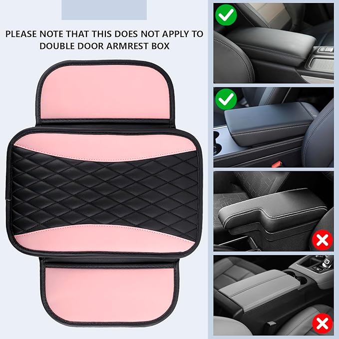 Leather Car Center Console Cover,Upgraded Center Console Cushion Pad with Side Pockets,Patchwork Arm Rest Cover for Car,Waterproof Armrest Seat Box Covers,Universal for Most Vehicles (Pink)