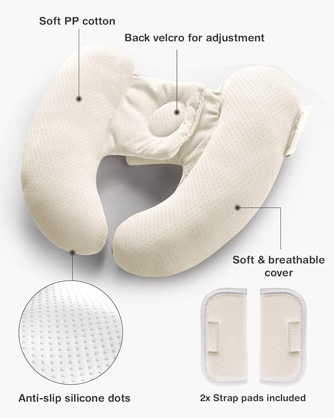 Baby Neck Pillow for Car Seat and Stroller, Adjustable Baby Head Support Pillow for Travel, Soft and Cushiony Torticollis Pillows for Infant and Newborn (Beige)