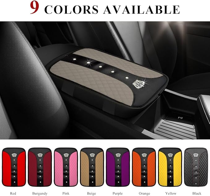 Bling Leather Car Center Console Cover, Anti-Slip Crown Armrest Seat Box Cushion Pad with Rhinestones, Waterproof Crystal Arm Rest Protector Interior Decor for Most Vehicles (Gray)