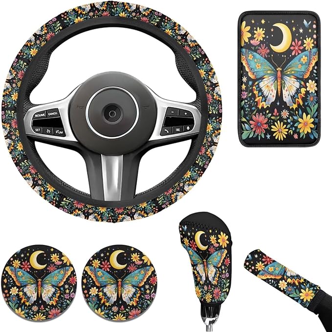 Butterfly Print Car Steering Wheel Cover 6 Pcs Flower Funny Car Interior Decor Cup Coaster Armrest Cover Fits Most Cars Trucks Vans and SUV