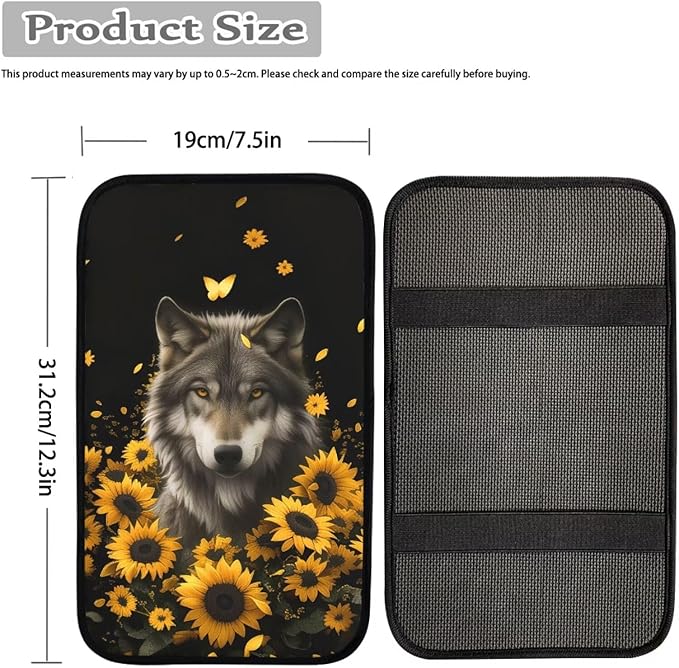 Wolf Sunflower Print Car Center Console Armrest Cover Scratch Proof Neoprene Armrest Cover Pad for Truck Sedan SUV, Universal Car Interior Decor Accessories