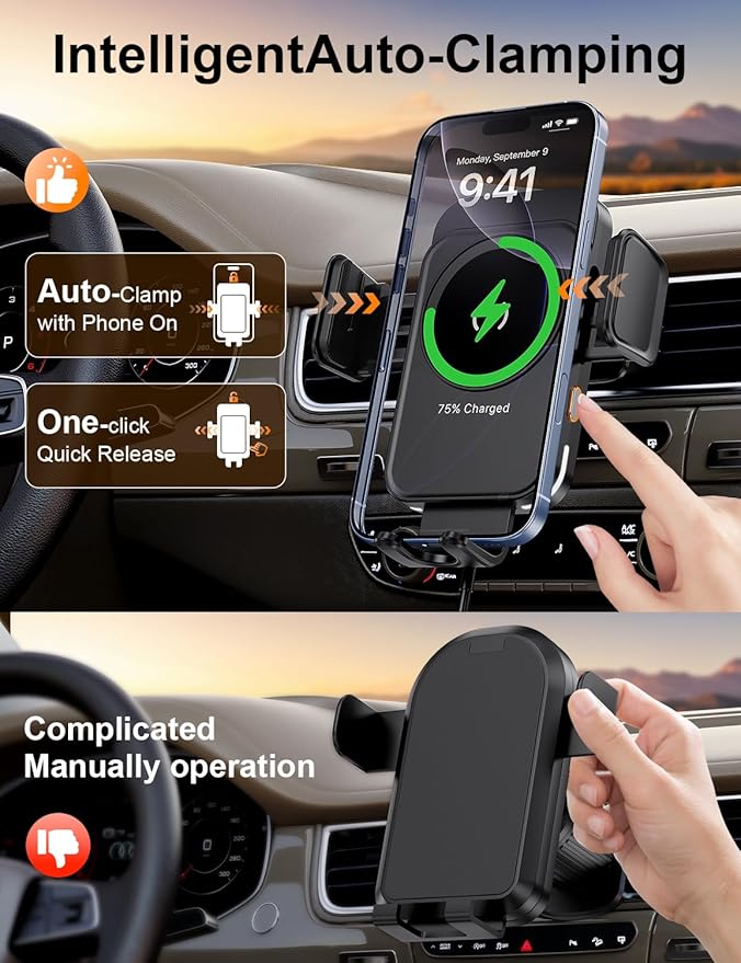 bokilino Wireless Car Charger, 15W Fast Charging [Auto Clamping] [Auto Alignment] Phone Holders for Your Car Dashboard Windshield Air Vent Car Accessories for iPhone 17 16 15 14 13 12 Series, Black