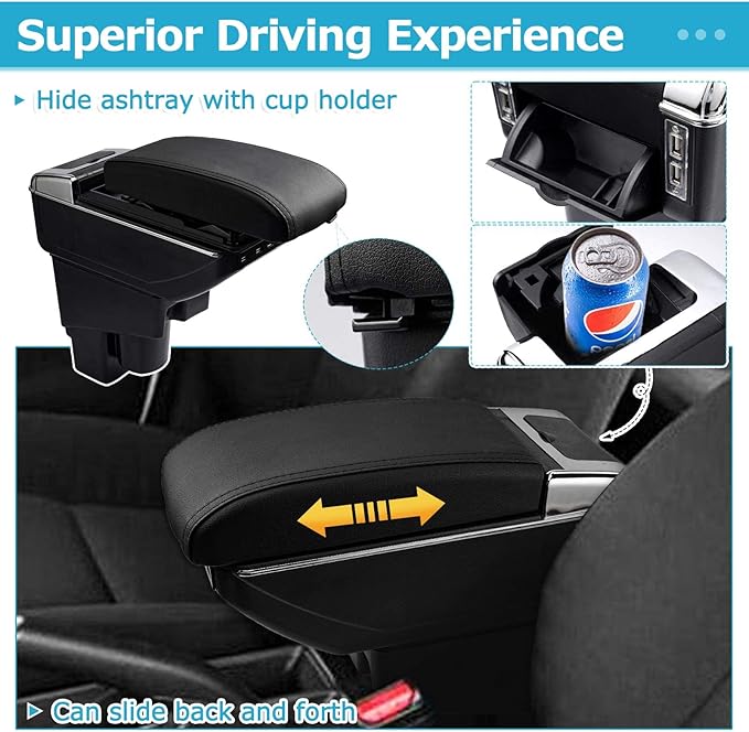 T TGBROS Car Armrest Box for 2002-2008 Honda Fit Jazz Hatchback(Not Fit The Sedan Model) Storage Center Console Double Layer 7 USB Ports Armrest Organizer Box (All Black)
