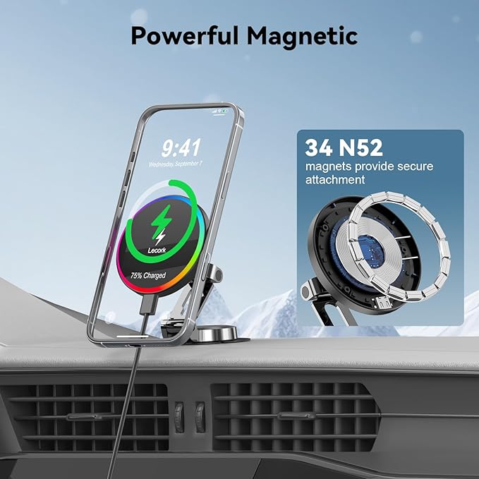 Lecork for Magsafe Car Mount Charger, 15W Magnetic Wireles Car Charger for iPhone 17 pro max 14 15 16 Series, Stick On Dashboard Phone Holder for Samsung S26 Ultra, Zinc Alloy Shell, Black