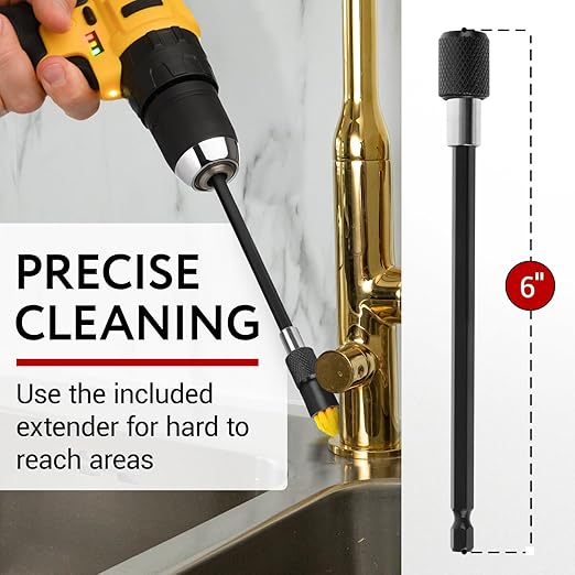 Impresa Drill Brush Attachment Set - Pack of 10, 5 Tapered & 5 Flat, 6 in Extender - Rotary Grout Cleaning Brushes - Crevice Reach with Drill Extender Attachment - Home & Auto Detailing Scrub Heads