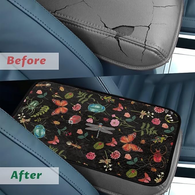 Butterflies Dragonflies Arm Rest Cover Car Easy to Install Car Center Console Cover Wear Resistant Arm Rest Lid Protector Cushion Universal Fit for Cars Trucks and SUVs