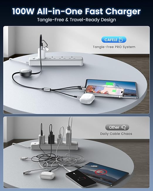 CAFELE Multi Charging Cable 100W Retractable USB C Cable, 6-in-1 Dual Type C and 27W L 5A Fast Charger Cord for Phone 16 15 14, Galaxy S24 S23, MBook, Pad and Multiple Devices (4.3ft)