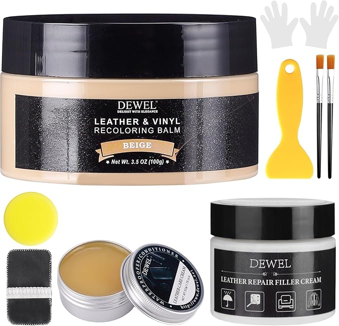 Beige Leather Recoloring Balm, With Leather Filler and beeswax, Leather Repair Kit for Furniture & car interior, Leather Color Restorer, Leather conditioner for Couches, furniture salve for leather