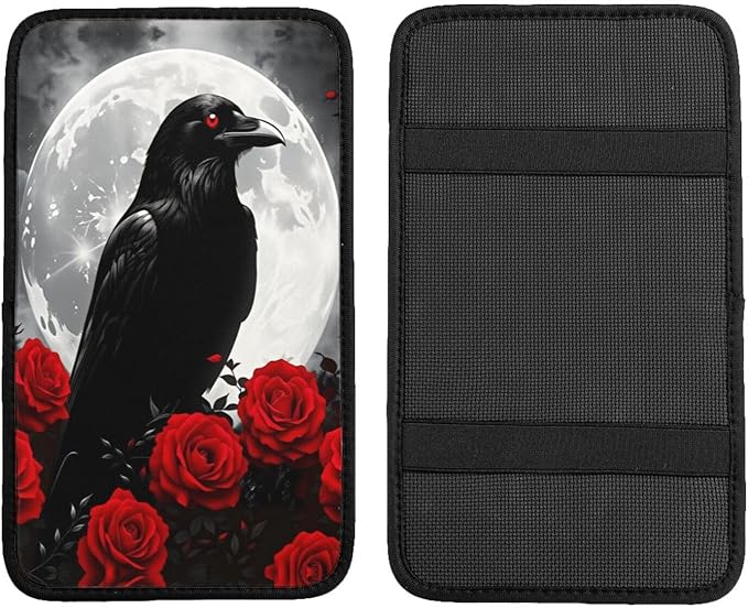 Gothic Raven Moon Red Roses Car Handrail Box Cushion Armrest Cover Auto Center Console Pad Car Decor 12.6X7.5 in