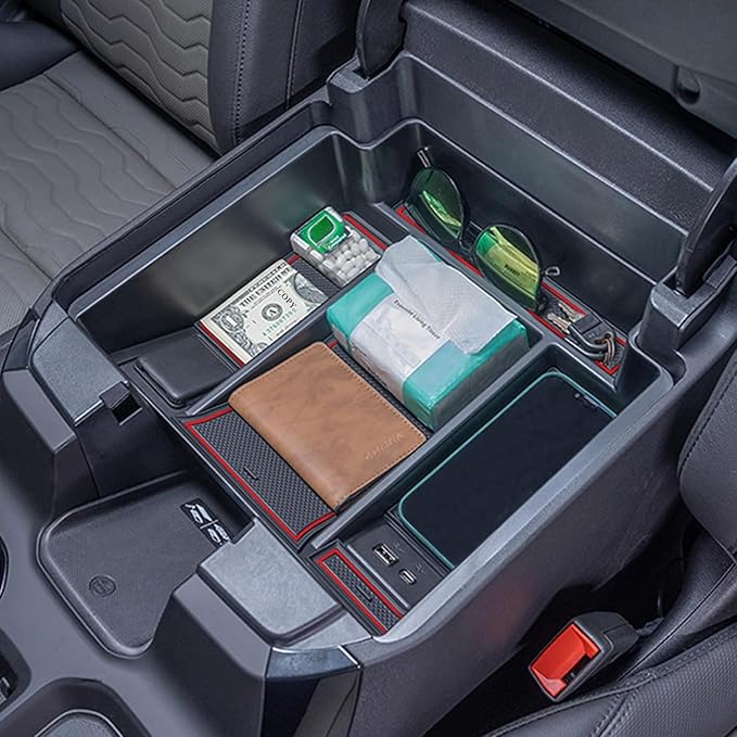TOPINSTALL 22-26 Red Refreshed Full Tray Compatible with 2022-2026 Silverado/Sierra 1500 and 2024-2026 Chevy Silverado/GMC Sierra 2500HD 3500HD, Armrest Organizer (Full Console w/Bucket Seats ONLY)