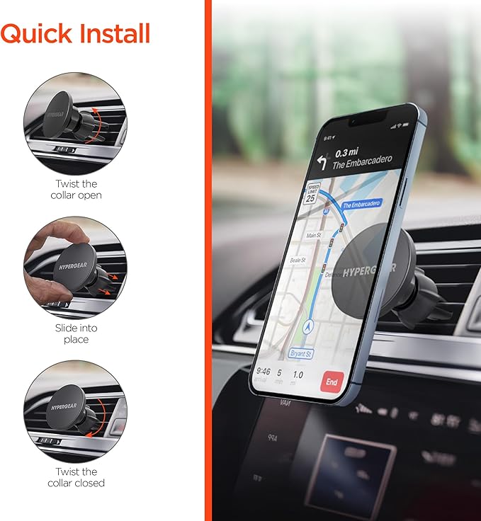 HyperGear MagSafe Magnetic Phone Holder Car Phone Holder Mount for Air Vent, Cellphone Holders Car Magnet Stand, Auto Magnetic Mount, Hands-Free Universal Holders w/Adapter Ring for iPhone, Android