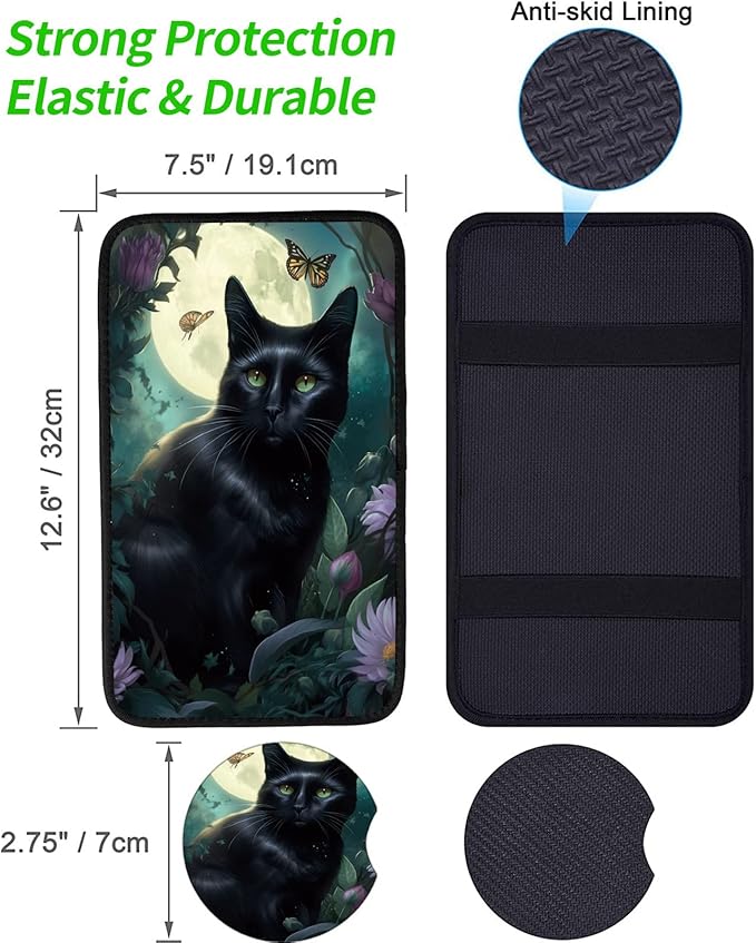 Car Armrest Cover Pads Universal Fashion Cute Auto Center Console Armrest Cover Pad with 2PCS Car Coasters Soft Waterproof Car Armrest Seat Protector for Women Girls, Black Cat