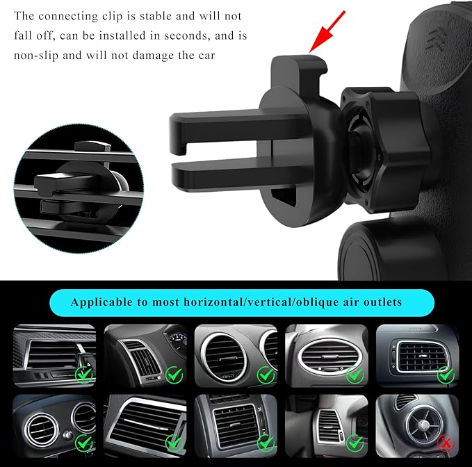 Sun Walker Wireless Car Charger Mount, Electric Induction 15W Fast Charging Bracket Air Vent Phone Holder, Auto-Clamping Wireless Charger Vent Mount Compatible with Most Smartphones (Black)