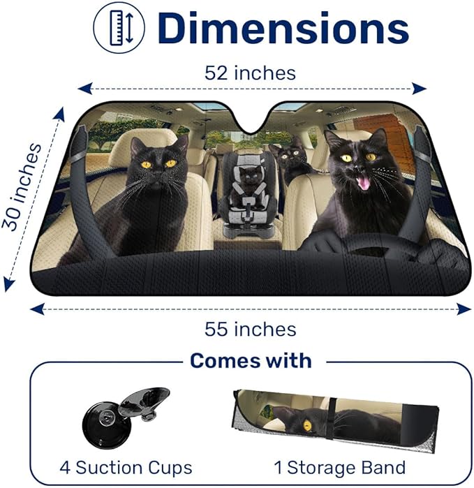GENANY Funny Black Cats Windshield Sun Shade for Car SUV Truck (55x30 Inches),Sun Shade Windshield, Shades for Front Windows, Sunshade for Car Windshield, Protector Blocks UV
