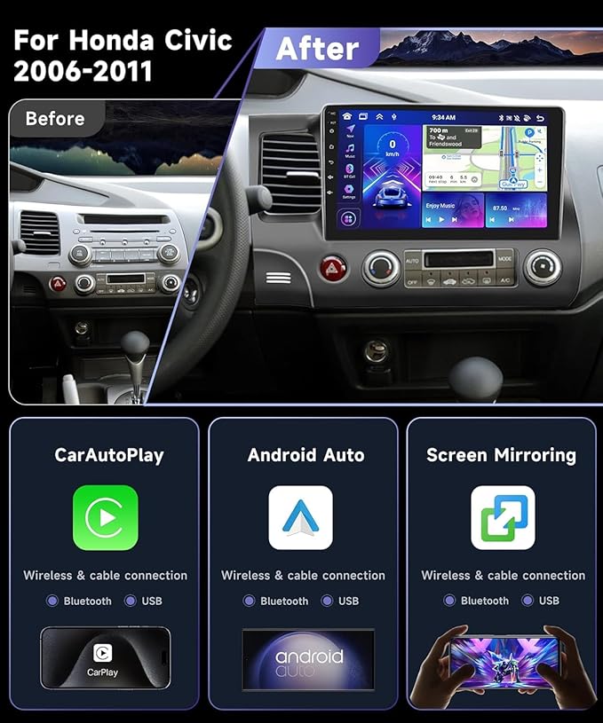 8Core 6G+128G Radio for Honda Civic 2006-2011 Android Car Stereo with 10.1inch IPS Touch Screen Wireless CarPlay Android Auto DSP FM/RDS WiFi GPS Bluetooth 5.0 AHD Backup Camera